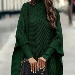 Dark Green Casual Women's Turtleneck Batwing Sleeve Poncho Sweater top